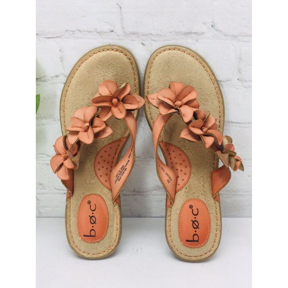 B.O.C. Born Women’s Thong Sandals 8M Orange Leather Flower Flip Flop Slide Flat